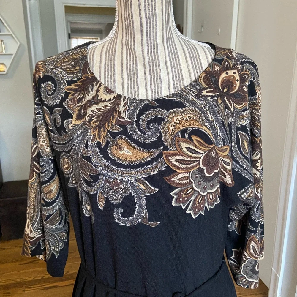Sandra Darren Black and Brown Paisley 3/4 Sleeve Dress - Picture 2 of 8